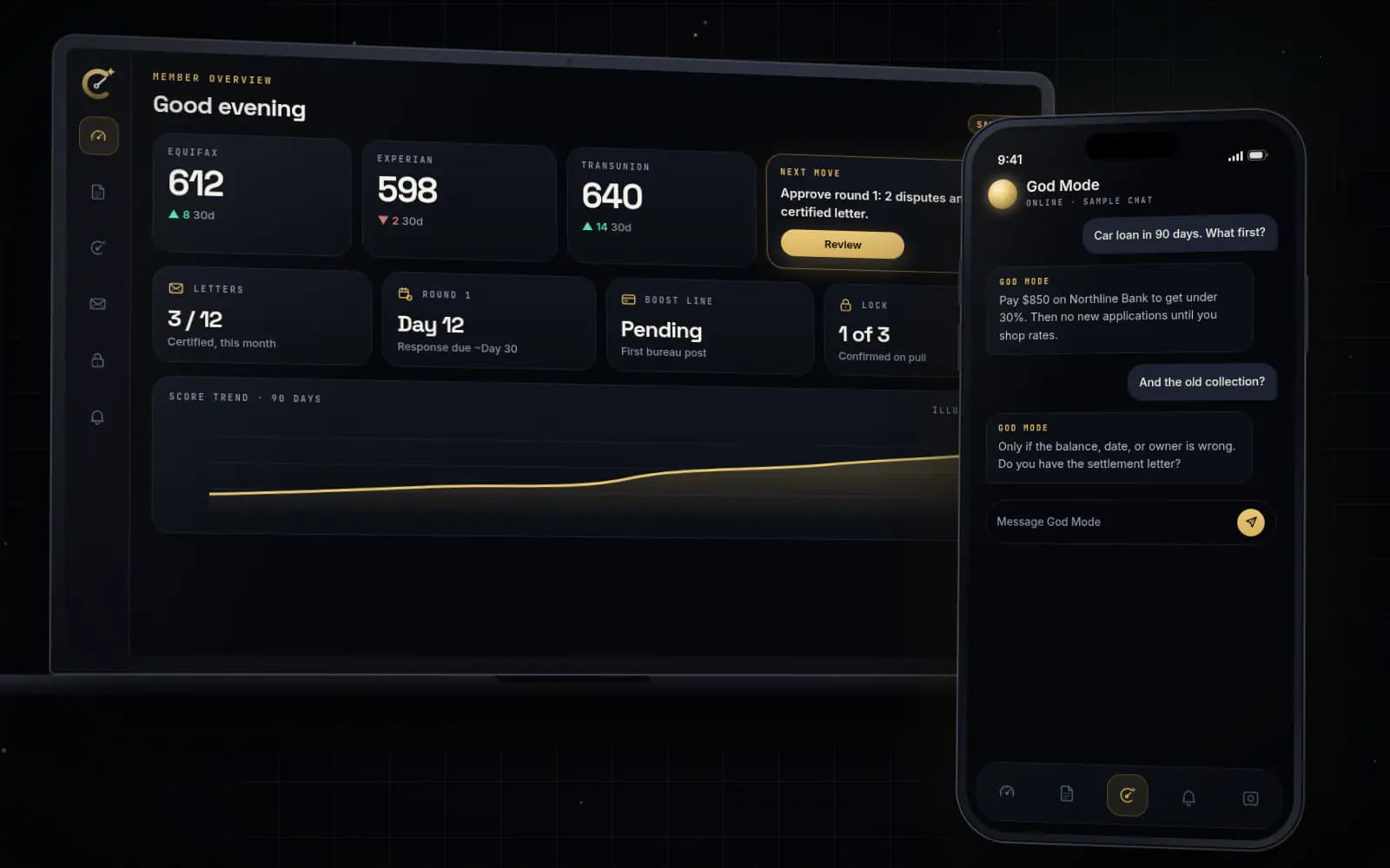 Laptop with a sample member overview (three scores, next move, letters used, round day, Boost Line and lock status) beside a phone chatting with God Mode about a car loan in 90 days